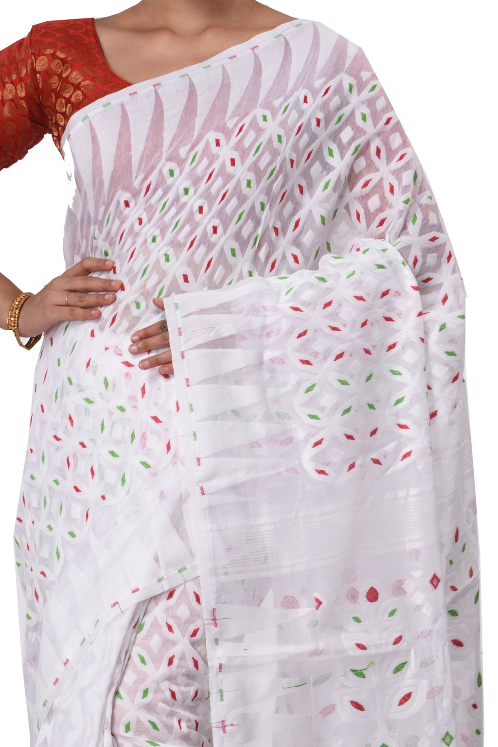 White Pure Cotton Minakari_Jmdni Jamdani Saree (694)